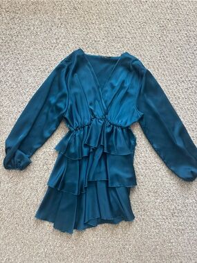 Boohoo Teal Satin Ruffle-Front Long Sleeve Dress.
